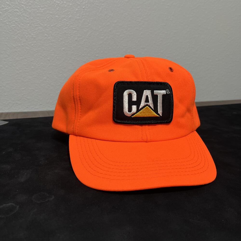 Vintage CAT Hat Cap Snap Back One Size Orange Foam Hi Vis Workwear Mens USA